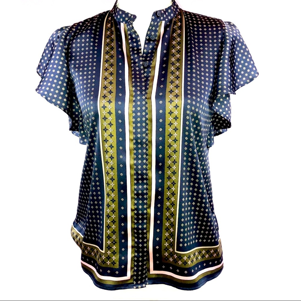 AnnTaylor Blue Geometric Print Top With Ruffled Sleeves